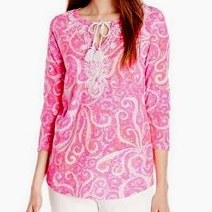 LILLY PULITZER PINK WHITE EMBROIDERED PEASANT TUNIC TOP SIZE XS TASSELS